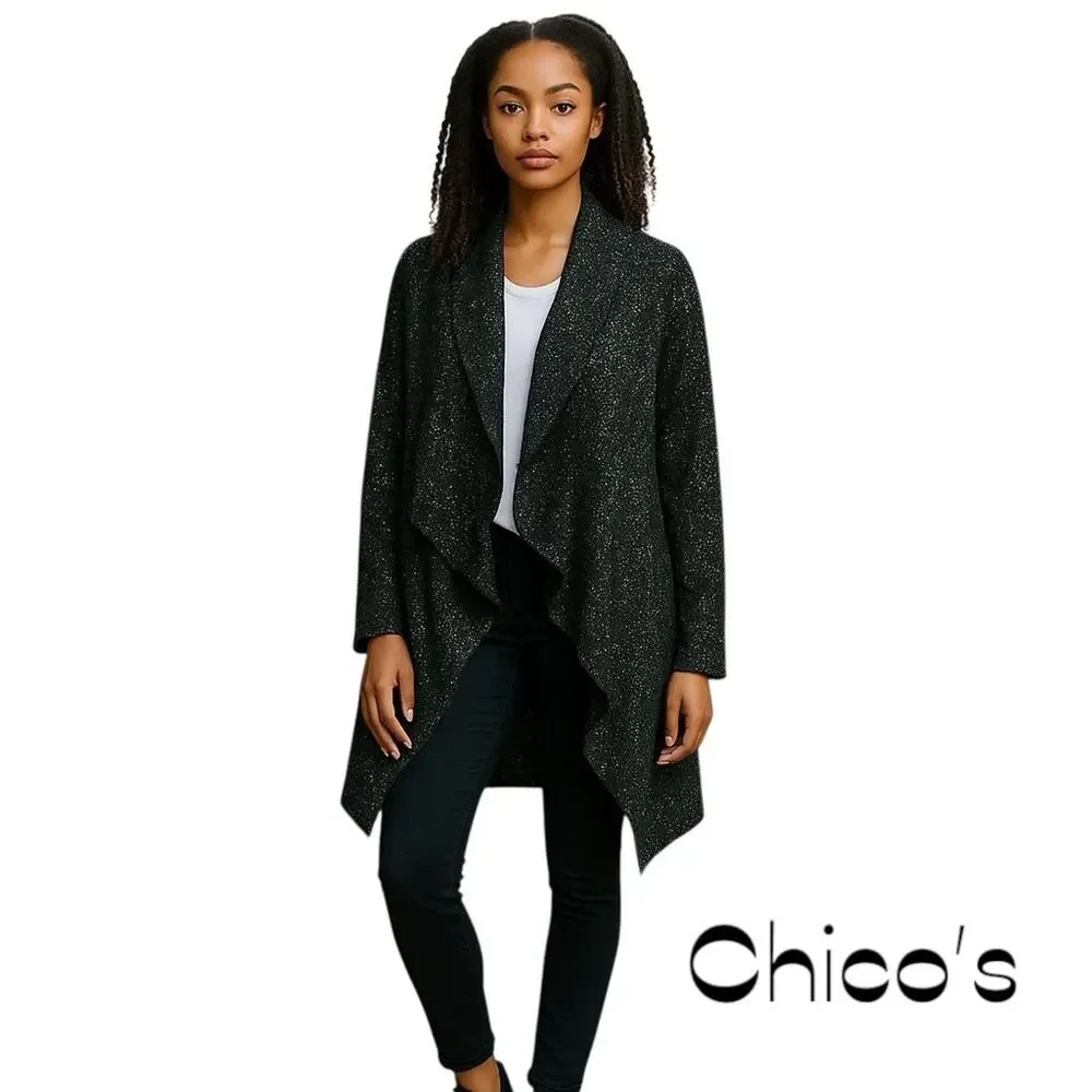 Chico’s Travelers Black White Asymmetrical Jacket Size 12